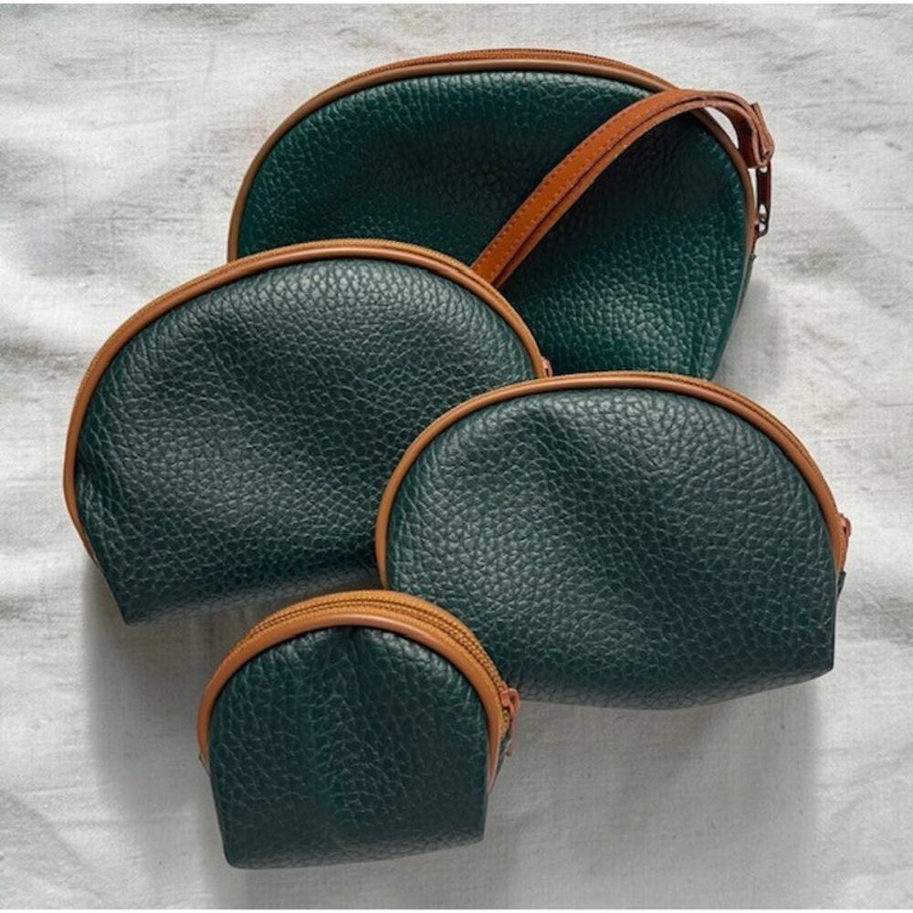 Vintage Dark Green Pebbled Leather (4) Piece Zippered Pouch Set w/ Brown Accents
